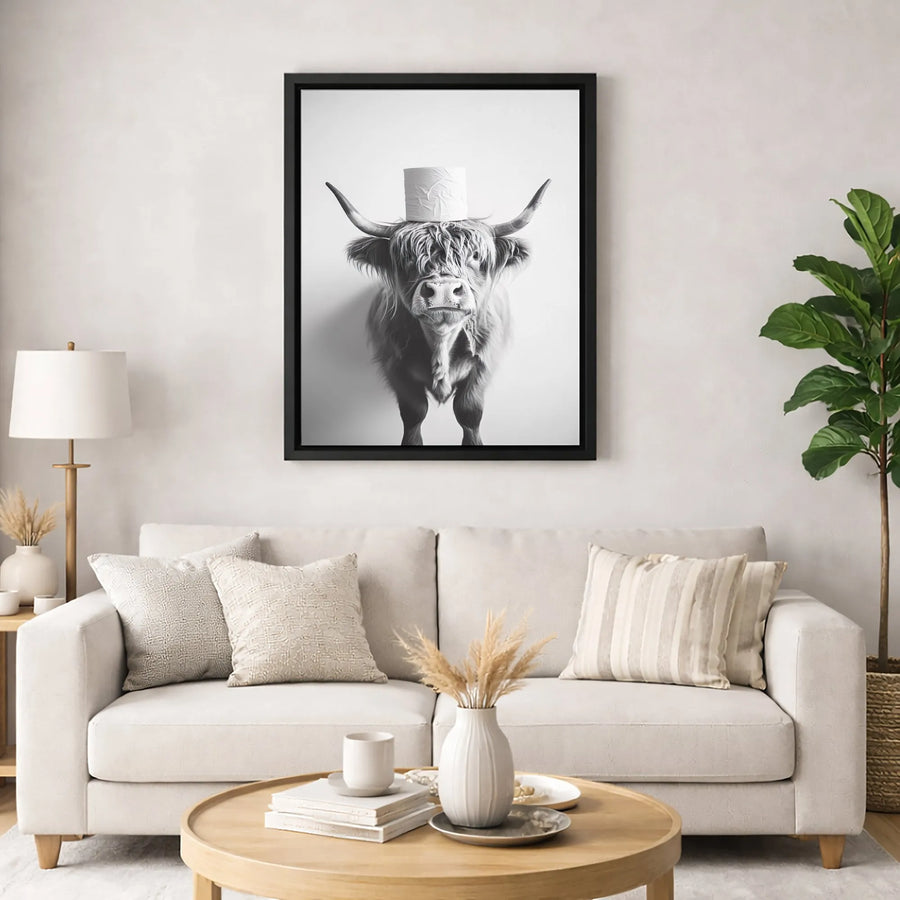 Funny Highland Cow Canvas Print | Quirky Bathroom Wall Art with Toilet Paper | Premium 1.25" Gallery Wrap | Humorous Farmhouse Decor Gift