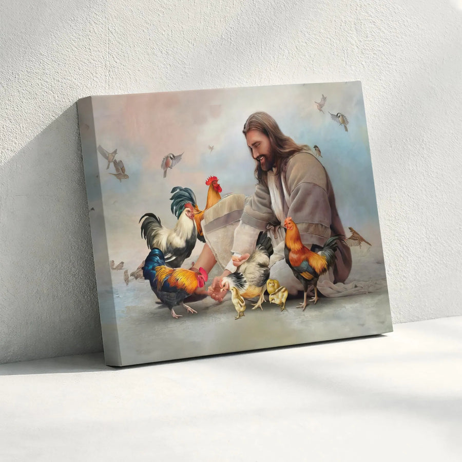 Jesus Feeding Chickens Canvas Print | Religious Farmhouse Wall Art | Premium Fade-Resistant Gallery Wrap | Faithful Christian Home Decor Gift