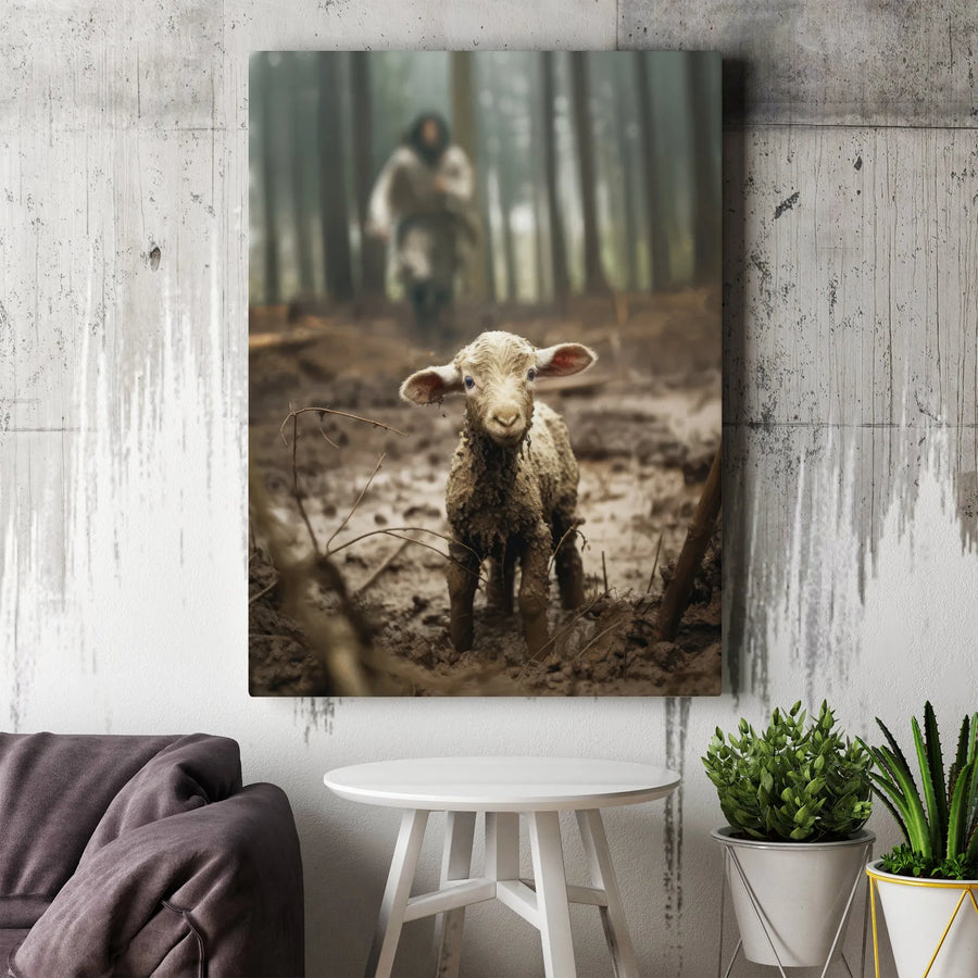 Shepherd Finding Lost Lamb Canvas Art | Biblical Parable Forest Scene | Premium Gallery Wrap Wall Decor | Christian Home Gift For Believers