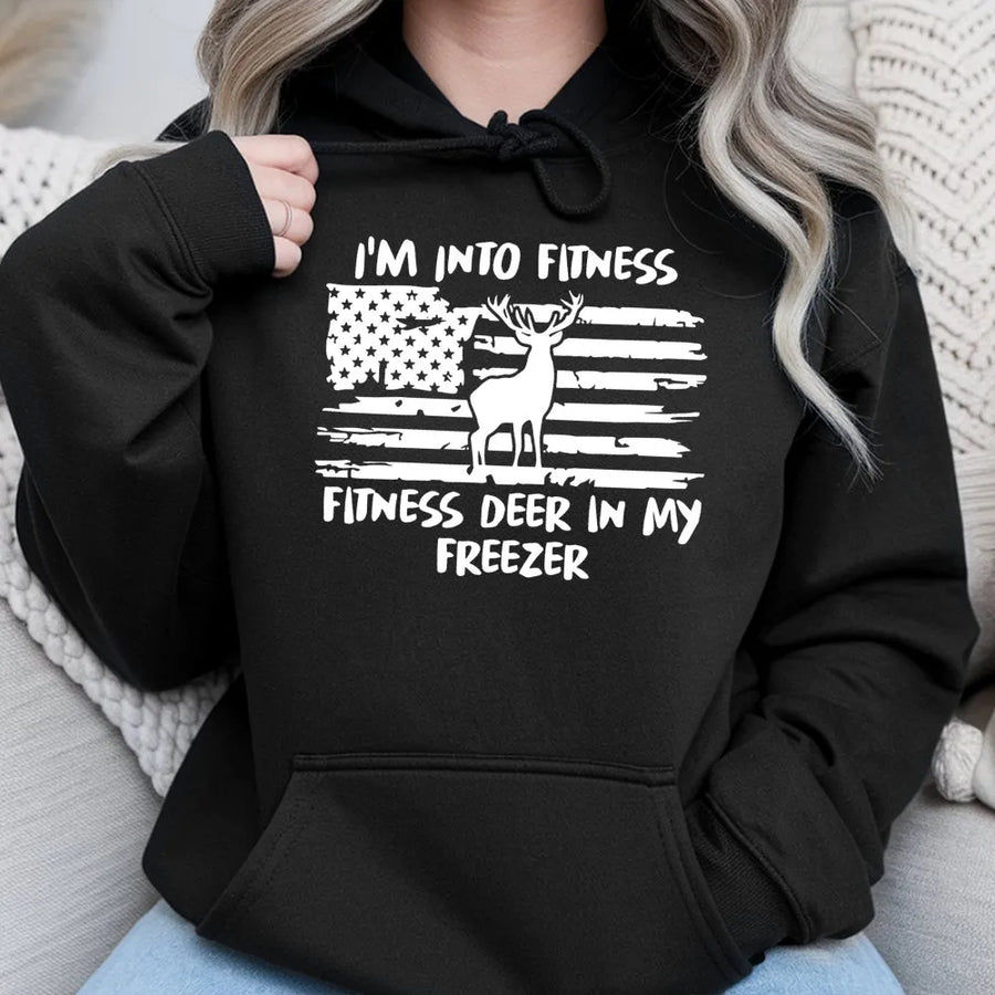 I'm Into Fitness Deer In My Freezer Hoodie | Funny American Flag Hunting Graphic | Premium Cotton Blend | Gift For Hunter Men And Women