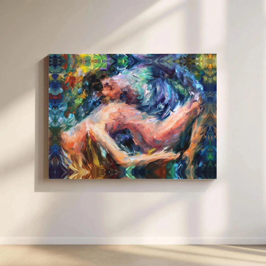 Abstract Lovers Canvas Wall Art | Vibrant Impressionist Couple Painting | Premium Stretched Canvas Print | Modern Romantic Art for Bedroom, Anniversary Gift