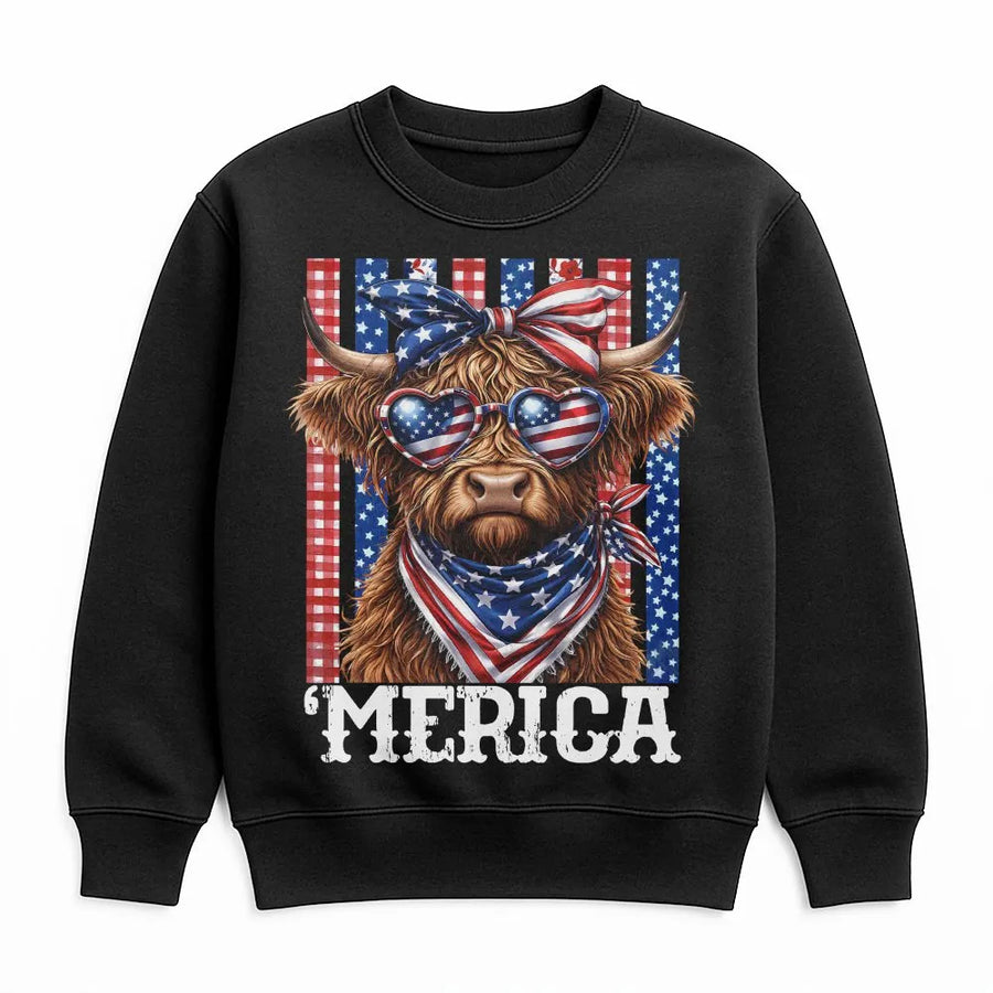 Highland Cow 4th of July Sweatshirt | Funny Merica Cow with Flag Glasses | Soft Cotton Tee | Independence Day Patriotic Gift for Men Women