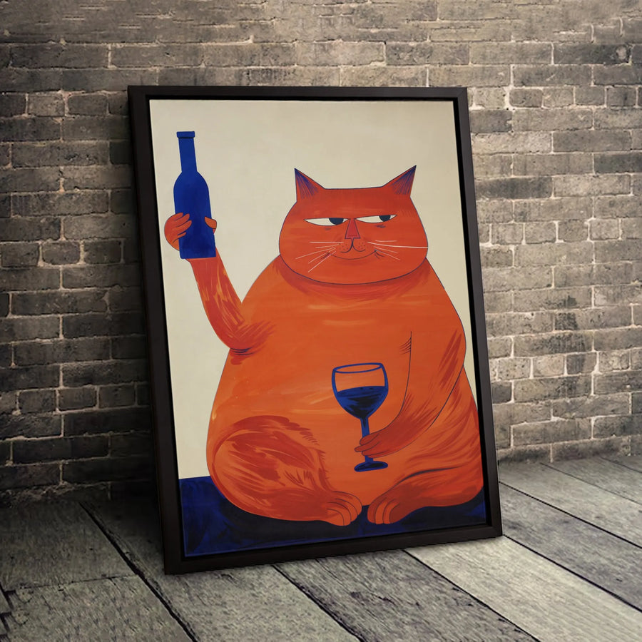 Funny Chubby Orange Cat Canvas Art | Whimsical Wine Lover Wall Decor | Premium Fade-Resistant Print | Gift for Cat Moms & Wine Enthusiasts