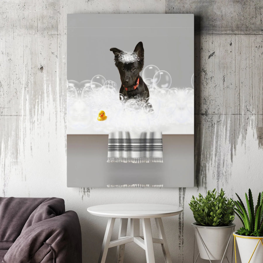 Black Puppy Bubble Bath Canvas | Cute Dog with Rubber Ducky Art | Premium 1.25 Inch Gallery Wrap | Nursery & Bathroom Wall Decor Gift