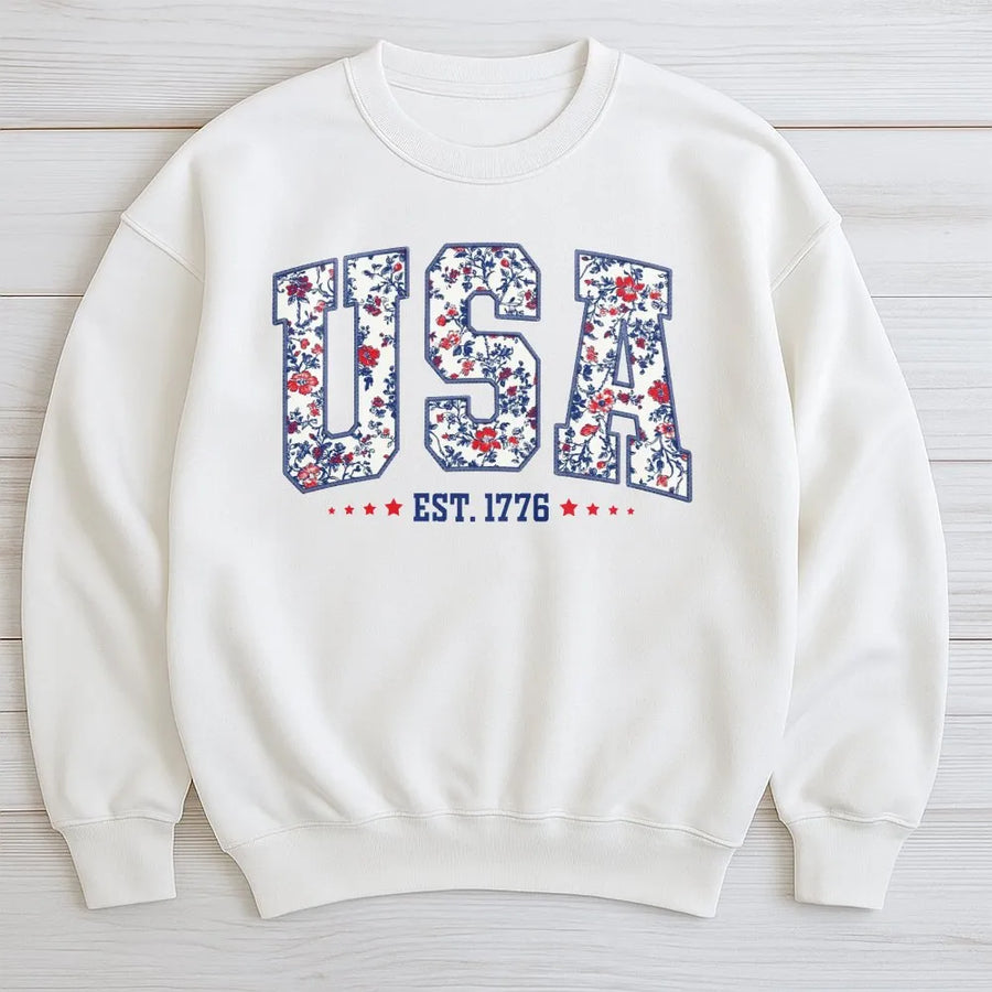 USA Floral Sweatshirt | Vintage Patriotic 1776 Design | Premium Cotton Blend | Fourth of July Gift for Women and Men