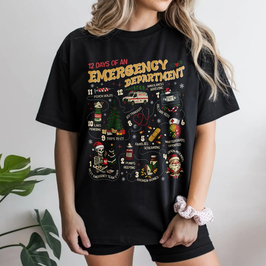 12 Days of Emergency Department T-Shirt | Funny ER Nurse Christmas Graphic | Premium Soft Cotton Tee | Perfect Gift for Doctors and Medical Staff