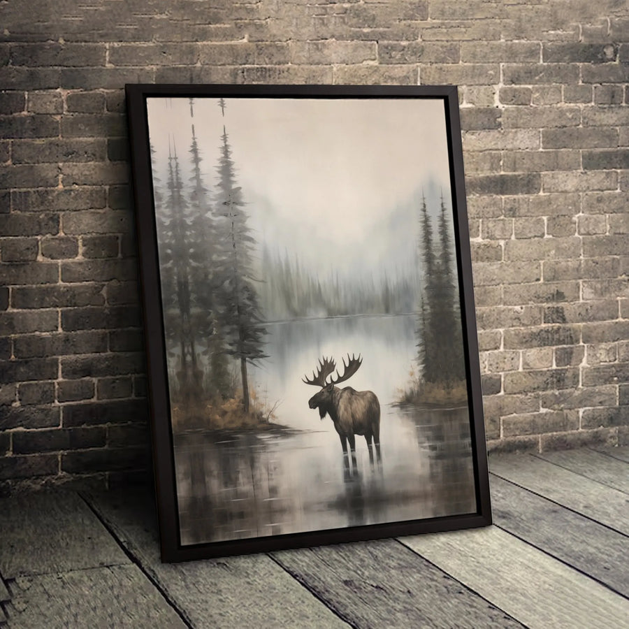 Moose Canvas Wall Art | Misty Forest Lake Painting | Premium 1.25-Inch Gallery Wrap | Rustic Wildlife Decor for Home or Office Gift