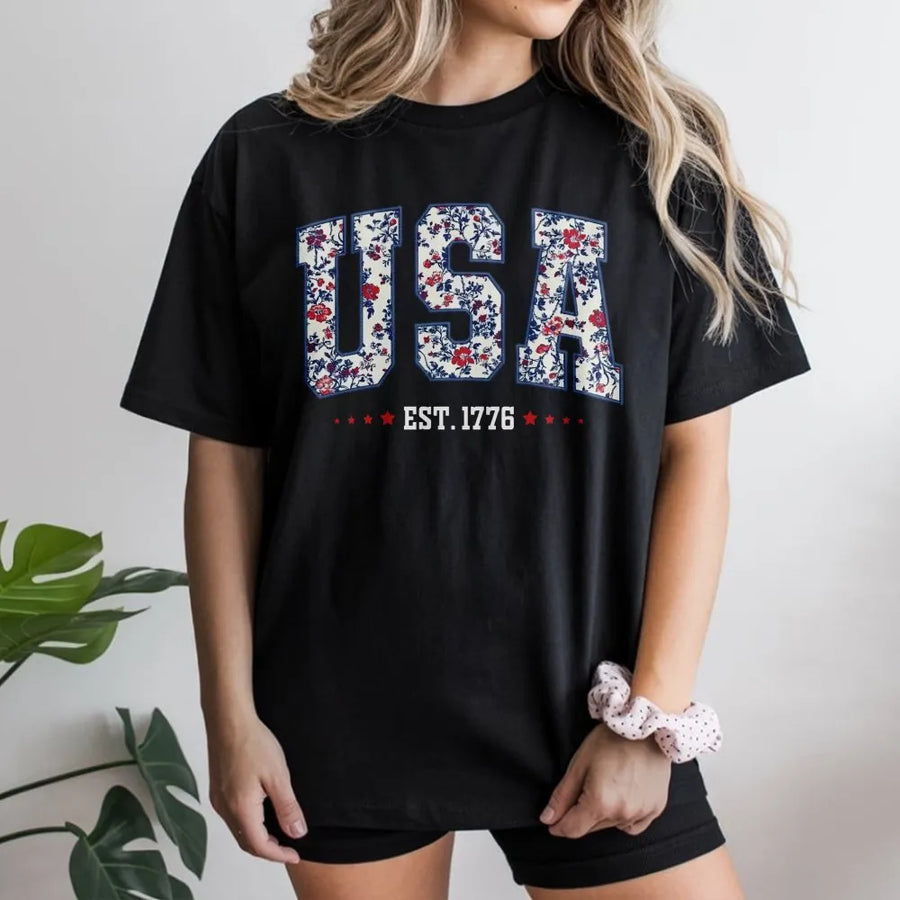 Patriotic Floral USA T-Shirt | EST 1776 Vintage Graphic Tee | Premium Cotton Comfort Colors Shirt | 4th of July Gift for Women