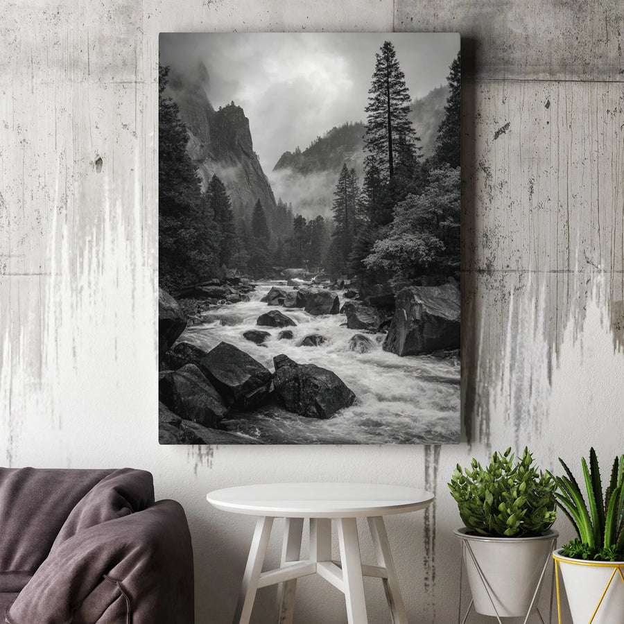 Yosemite Valley Landscape Canvas Print | Black and White Mountain River Photography | Premium Gallery Wrapped Wall Art | Modern Home Decor Gift