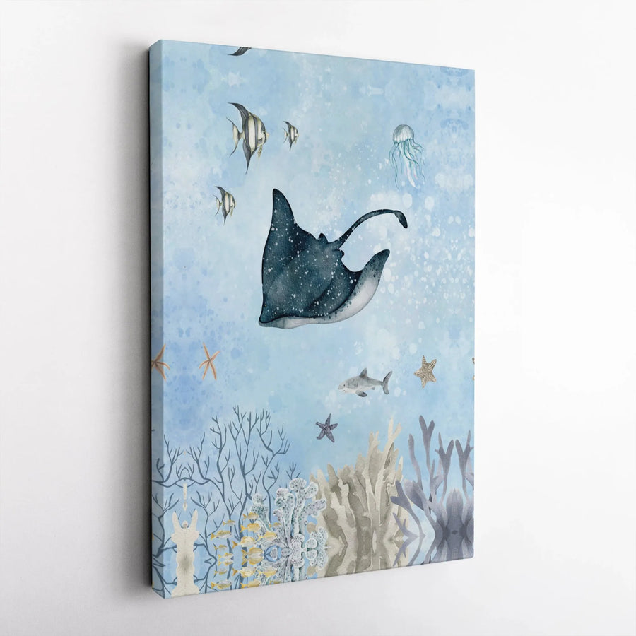 Watercolor Ocean Wall Art | Stingray And Coral Reef Print | Premium Gallery Wrapped Canvas | Coastal Home Decor For Beach Lovers