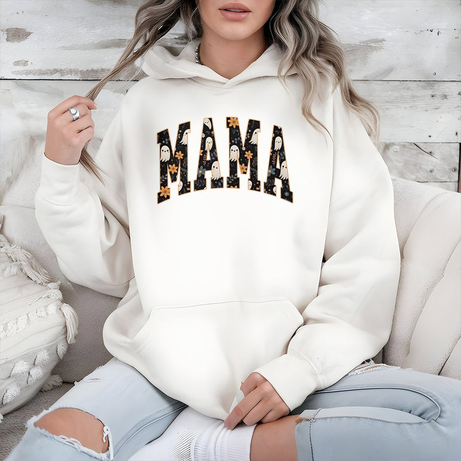 Mama Ghost Hoodie | Cute Retro Halloween Floral Graphic | Premium Cotton Blend Sweatshirt | Spooky Fall Gift for Mom