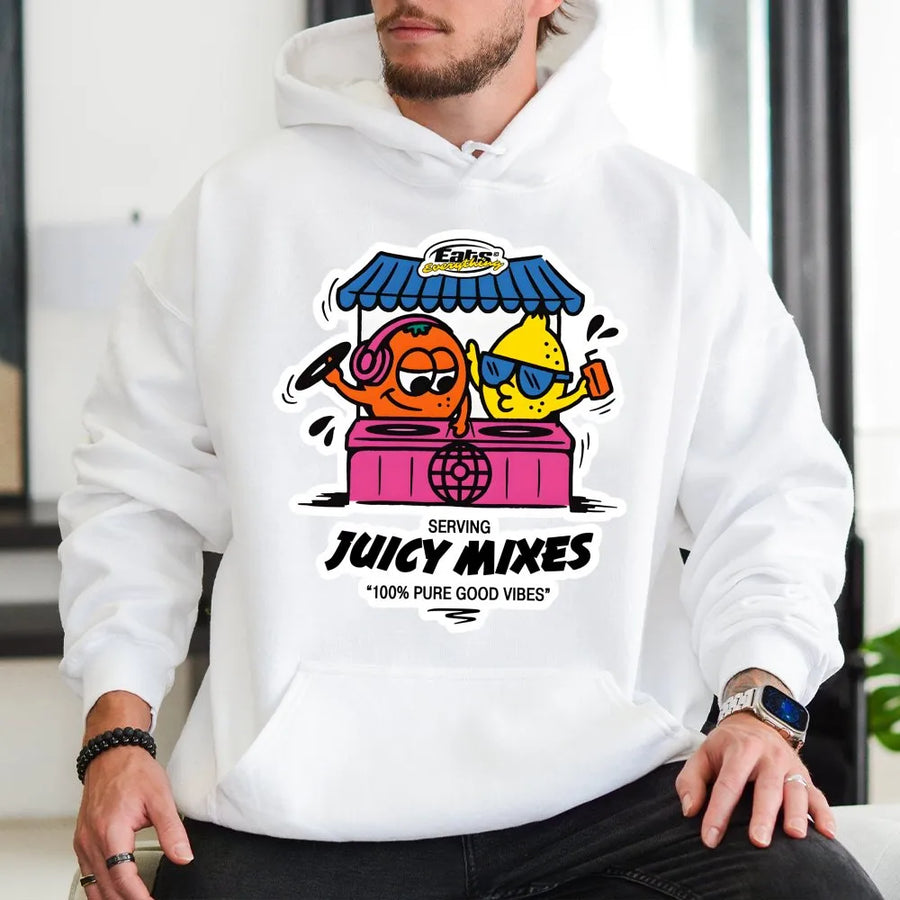 Juicy Mixes DJ Hoodie | Retro Cartoon Fruit Rave Graphic | Premium Cotton Blend | Funny Music Festival Apparel Gift for EDM Lovers