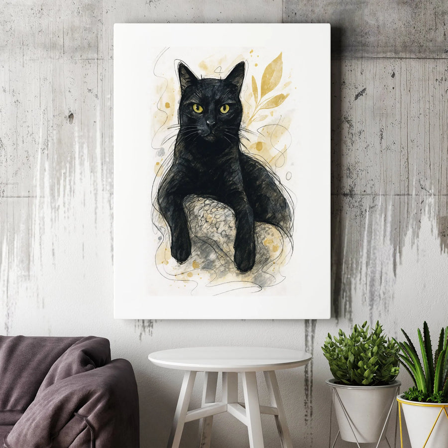 Black Cat Canvas Wall Art | Watercolor Sketch Animal Portrait | Premium Gallery Wrap Print | Modern Home Office Decor Gift
