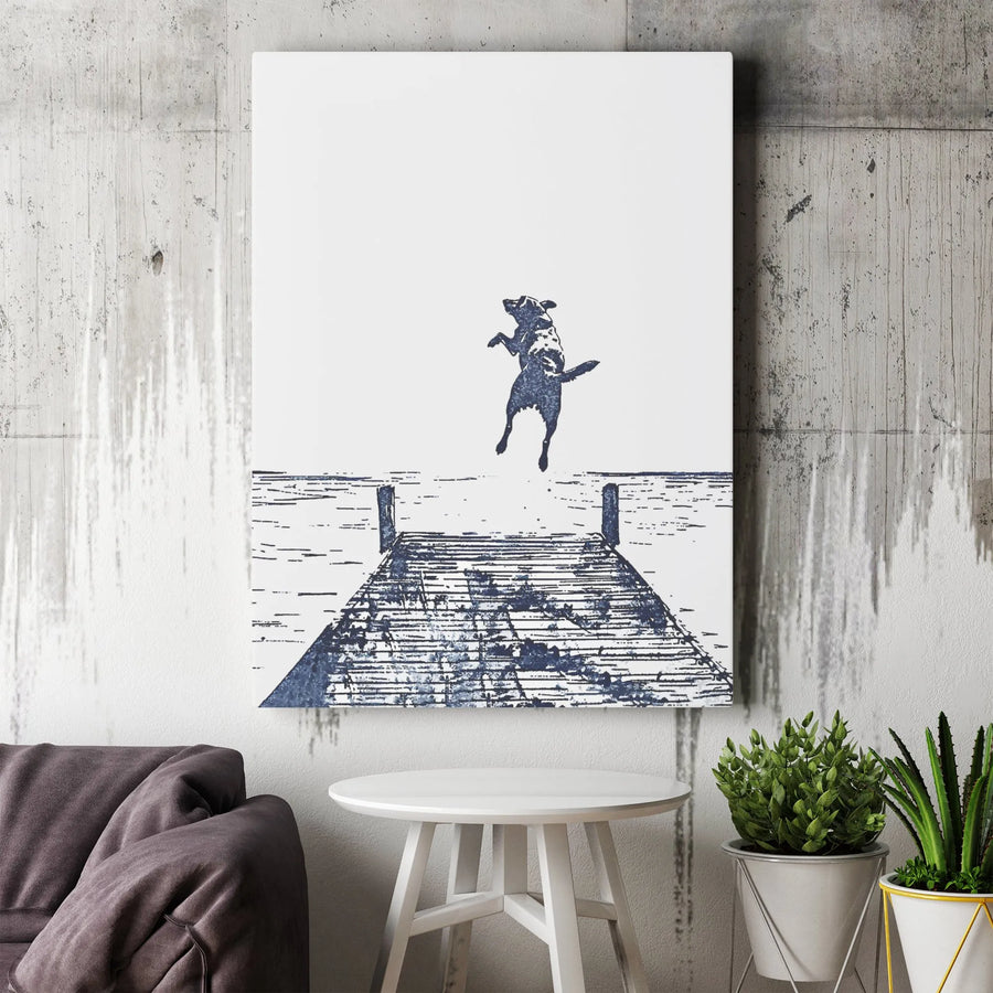 Dog Jumping Into Water Canvas Art | Minimalist Dock Sketch Print | Premium Gallery Wrap Wall Decor | Gift for Dog Lovers & Pet Owners