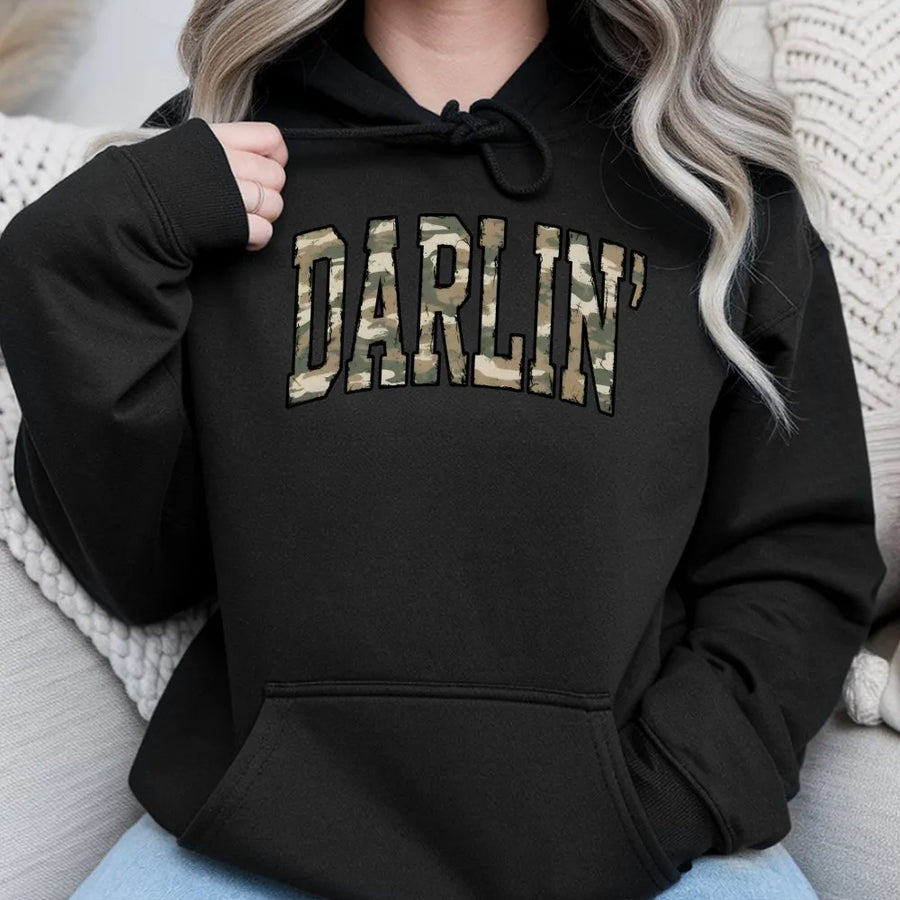 Darlin' Camo Hoodie | Western Varsity Lettering | Premium Cotton Blend | Country Music Gift for Women & Girls
