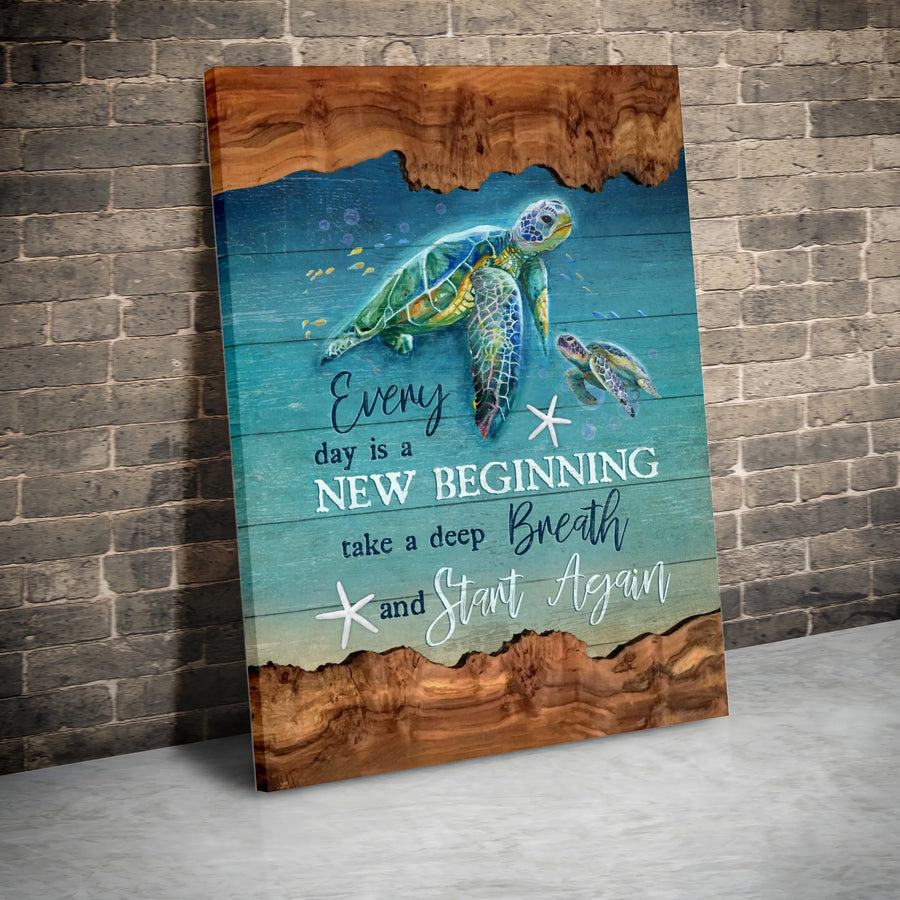 Sea Turtle Canvas Wall Art | Inspirational New Beginning Quote | Premium Gallery Wrapped Canvas | Motivational Home Decor Gift