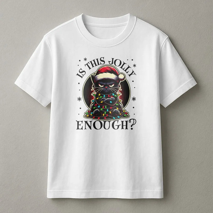 Funny Black Cat Christmas T-Shirt | Grumpy Kitty With Xmas Lights Design | Soft 100% Cotton Premium Tee | Unique Holiday Gift For Cat Lovers