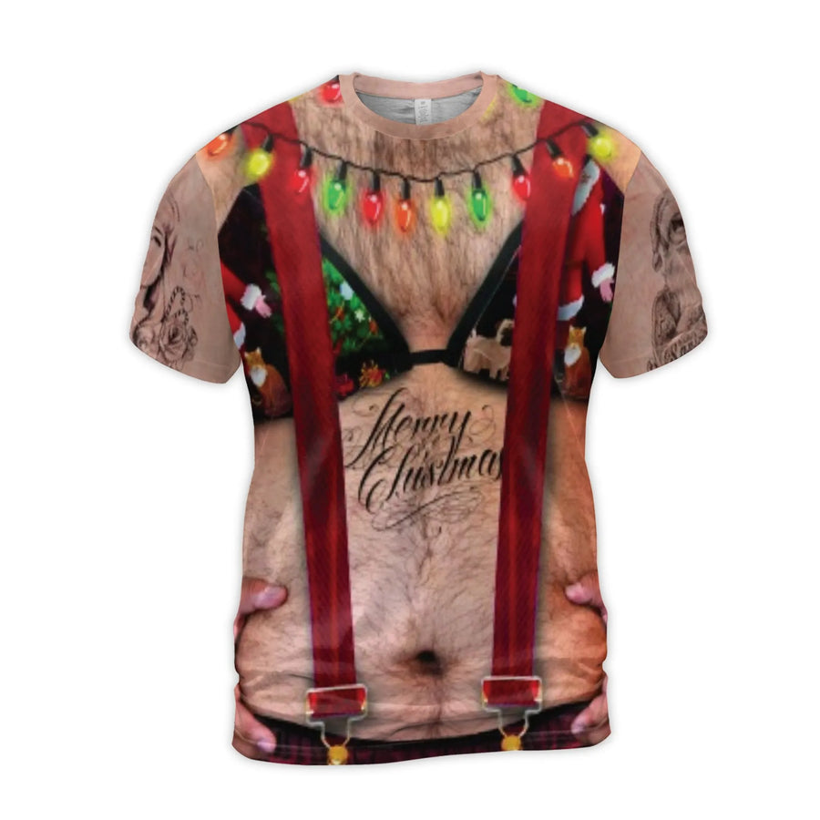 Funny Ugly Christmas T-Shirt | Hairy Chest Bikini Suspenders Graphic Print | Premium Polyester Spandex | Hilarious Gag Gift for Men