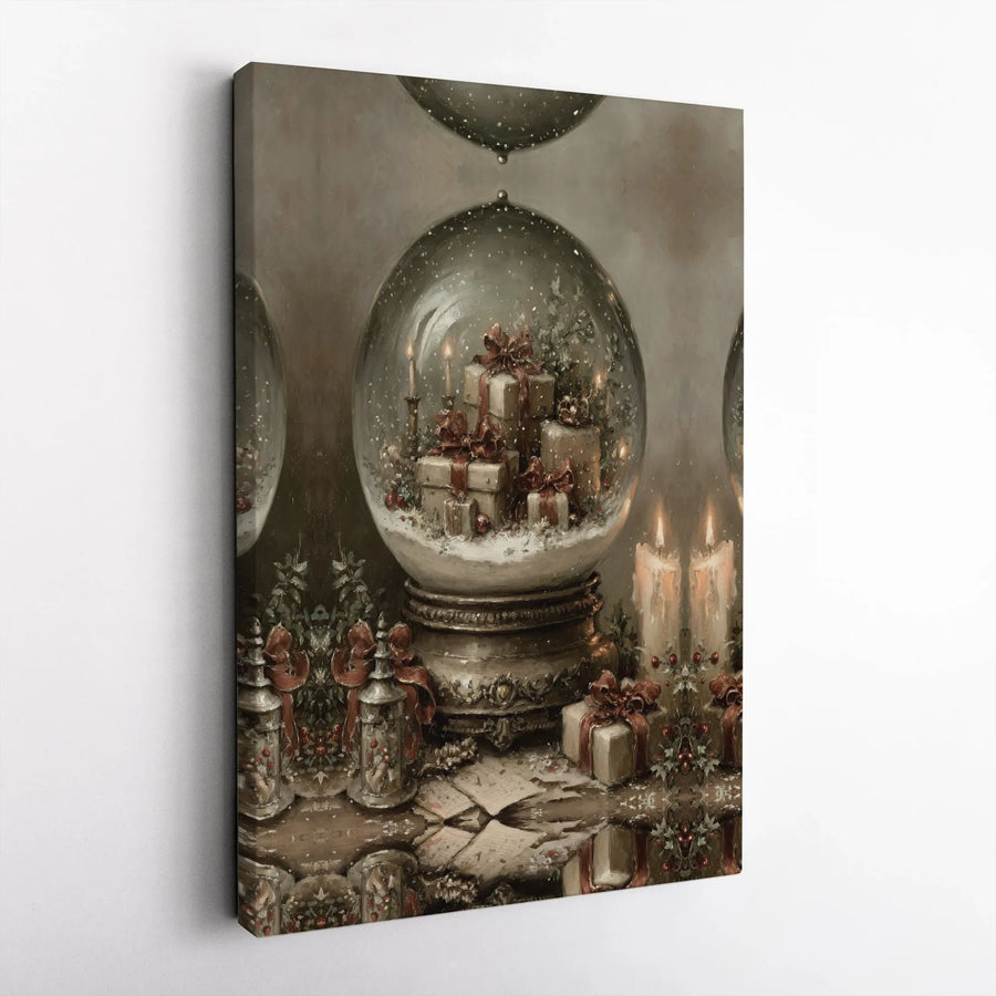 Vintage Christmas Snow Globe Canvas Art | Festive Holiday Presents and Candles Decor | Premium Gallery Wrap Print | Seasonal Home Wall Decor Gift