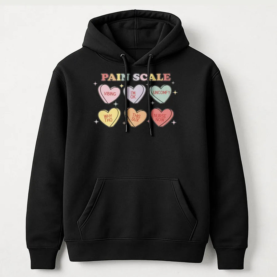 Funny Nurse Pain Scale Hoodie | Valentine's Day Candy Hearts Graphic | Soft Cotton Unisex Tee | Unique Gift for RN, LPN & Medical Humor