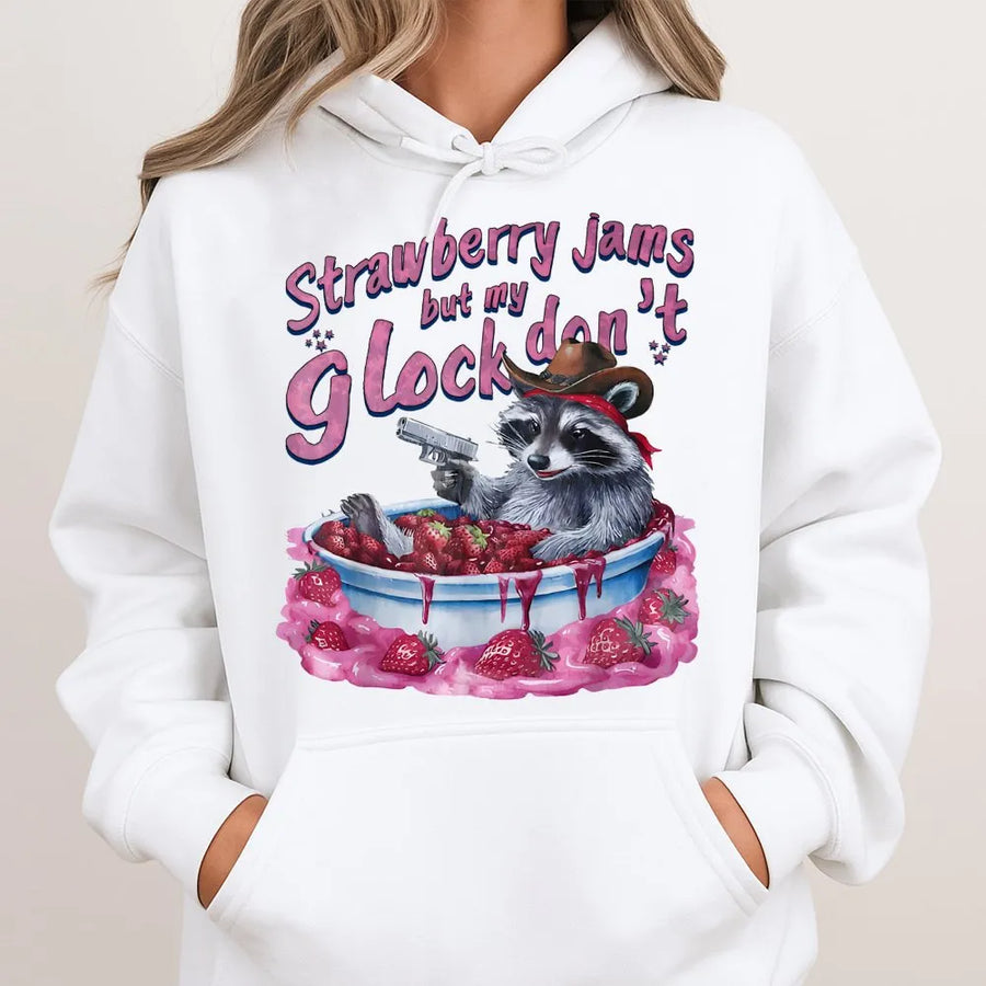 Funny Cowboy Raccoon Hoodie | Strawberry Jams Glock Meme Graphic | Premium Cotton Blend Streetwear | Unique Gift For Raccoon Lovers And Men Women