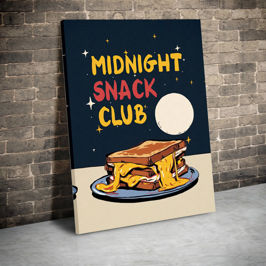Midnight Snack Club Vertical Canvas | Funny Grilled Cheese Retro Art Print | Premium 1.25 Inch Gallery Wrapped Canvas | Cute Kitchen Wall Decor Gift