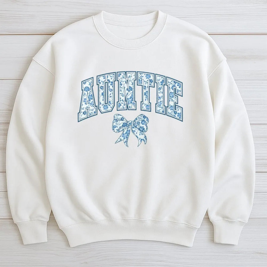 Auntie Sweatshirt | Cute Blue Floral Bow Design | Cozy Crewneck Pullover | Gift for New Aunt, Pregnancy Announcement