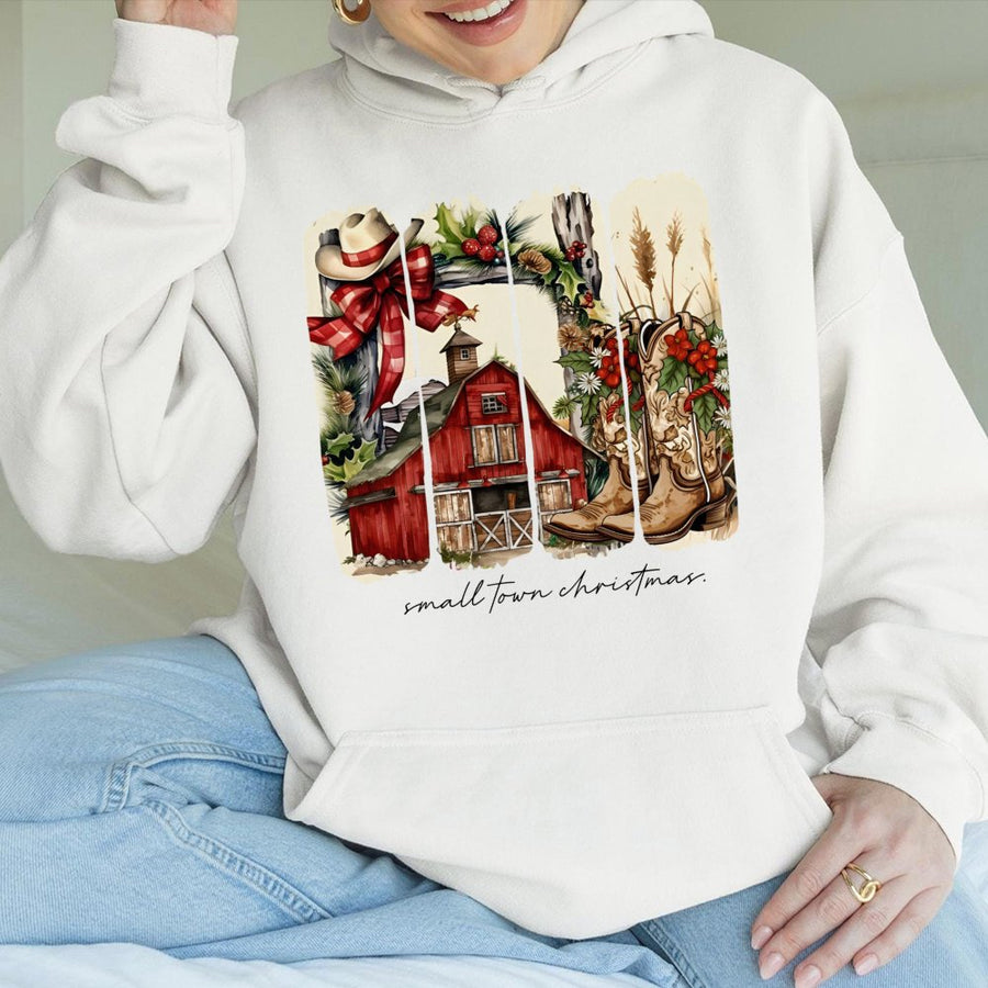 Small Town Christmas Hoodie | Western Country Barn Graphic Design | Premium Cotton Blend | Gift for Cowgirl Cowgirls Cowboy Lovers Holiday Apparel