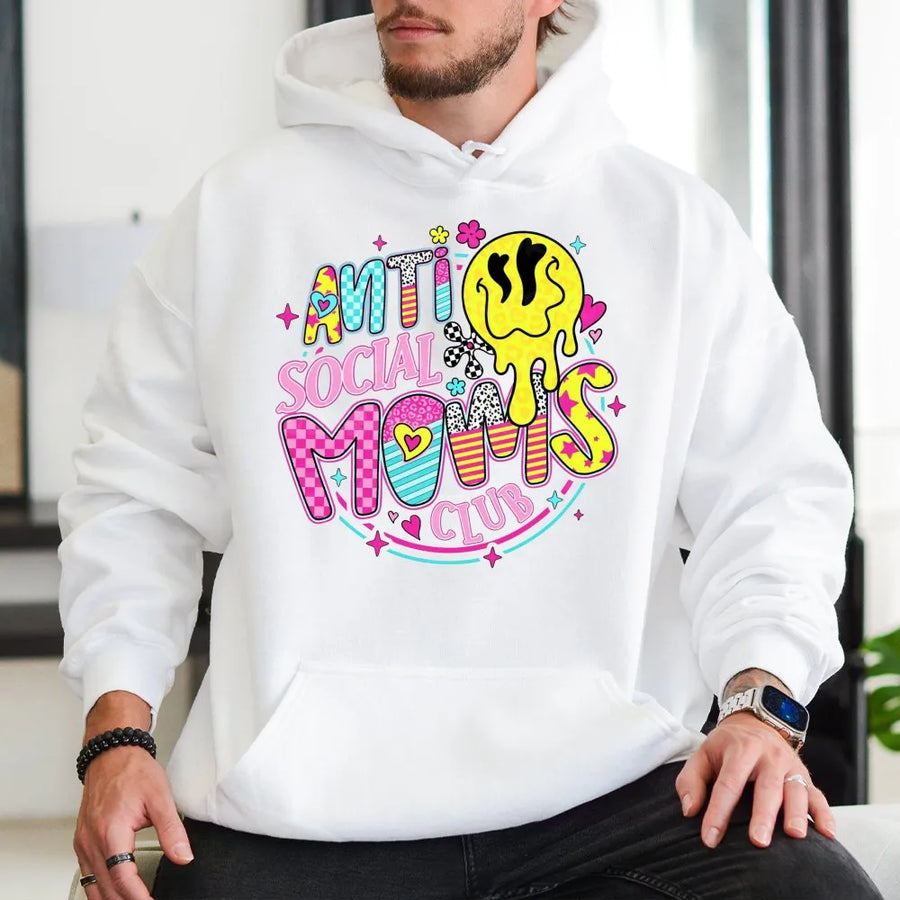 Anti Social Moms Club Hoodie | Retro Y2K Graphic Sweatshirt | Premium Cotton Blend | Funny Sarcastic Gift for Mom and Mama Life