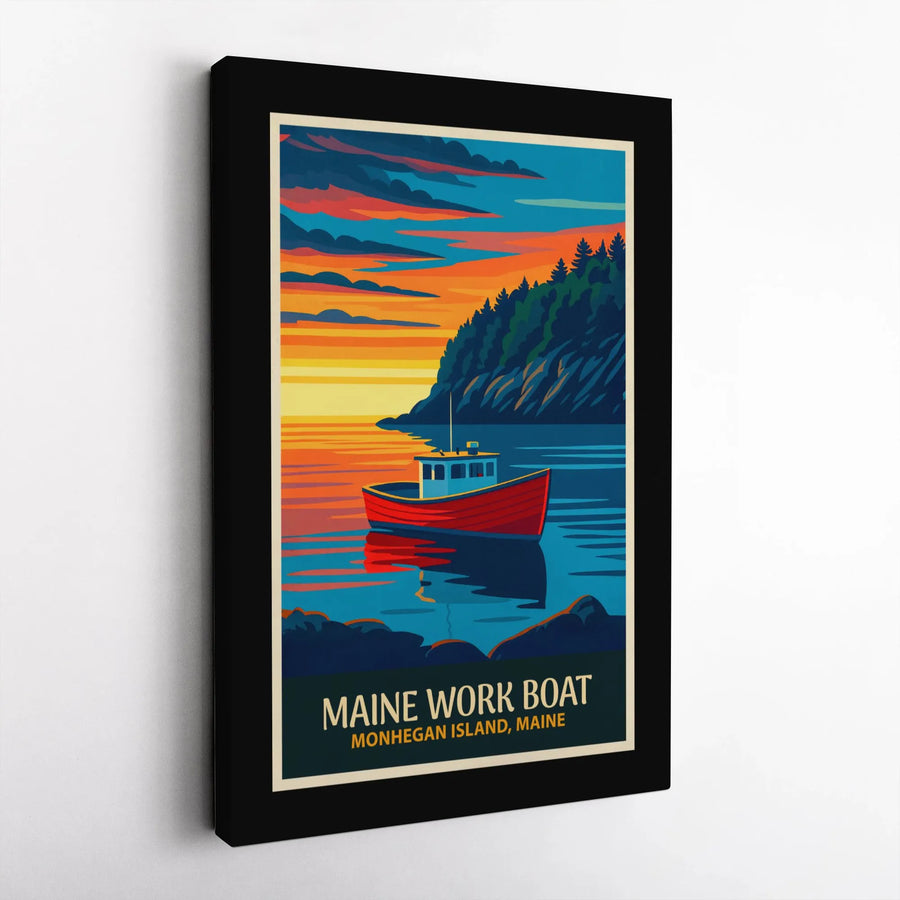 Maine Coast Canvas Wall Art | Monhegan Island Work Boat Illustration | Premium Gallery Wrap Print | Coastal Home Decor Nautical Gift
