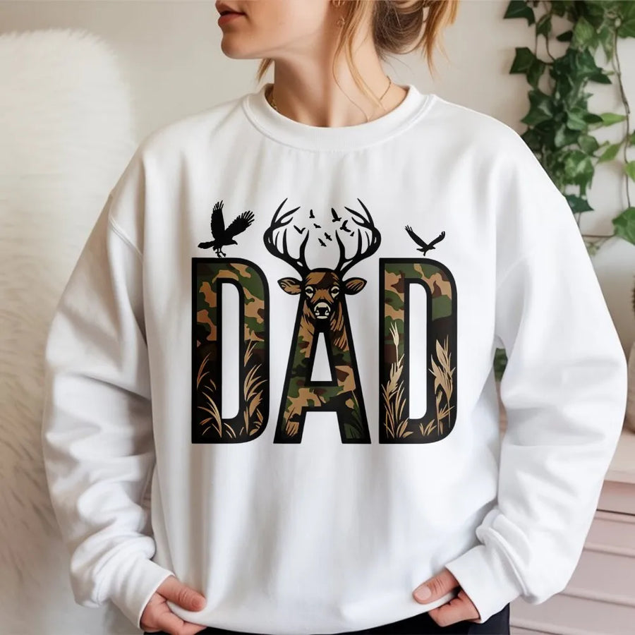 Hunting Dad Sweatshirt | Camo Deer Graphic Tee for Outdoorsman | Premium Cotton Shirt | Unique Father's Day Gift for Hunter