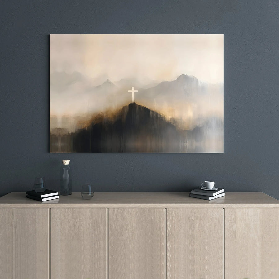 Christian Cross Canvas Wall Art | Abstract Misty Mountain Landscape | Premium 1.25-Inch Gallery Wrap | Religious Home Office Decor Gift