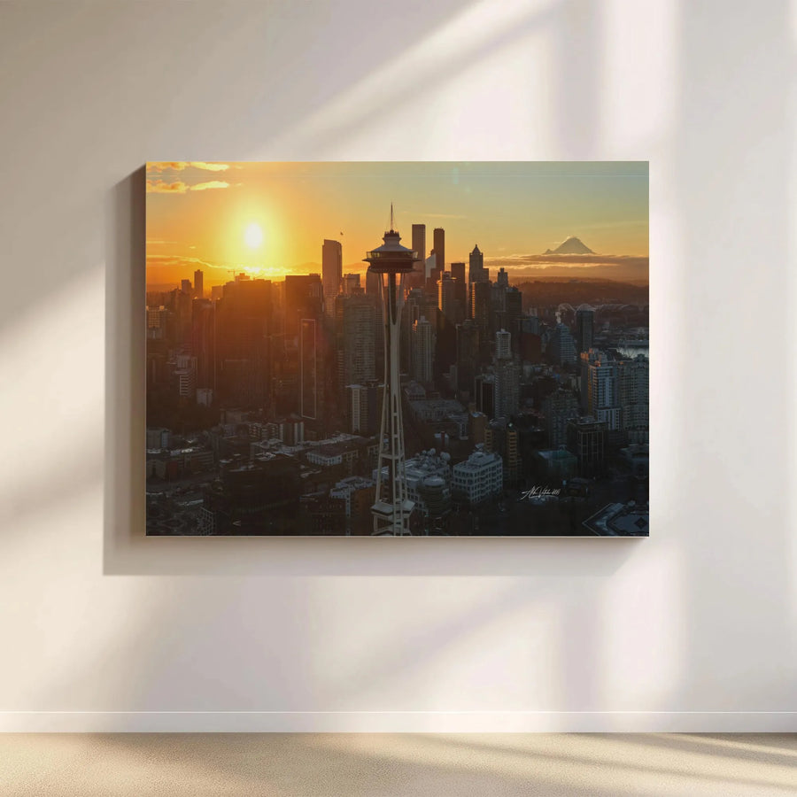 Seattle Skyline Canvas Wall Art | Space Needle & Mt Rainier Sunset Print | Premium Canvas Print | Pacific Northwest Home Decor Gift