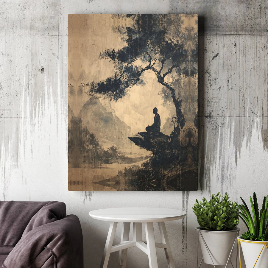 Zen Buddha Canvas Wall Art | Japanese Ink Wash Mountain Landscape | Premium Gallery-Wrapped Print | Mindfulness Home Decor Gift