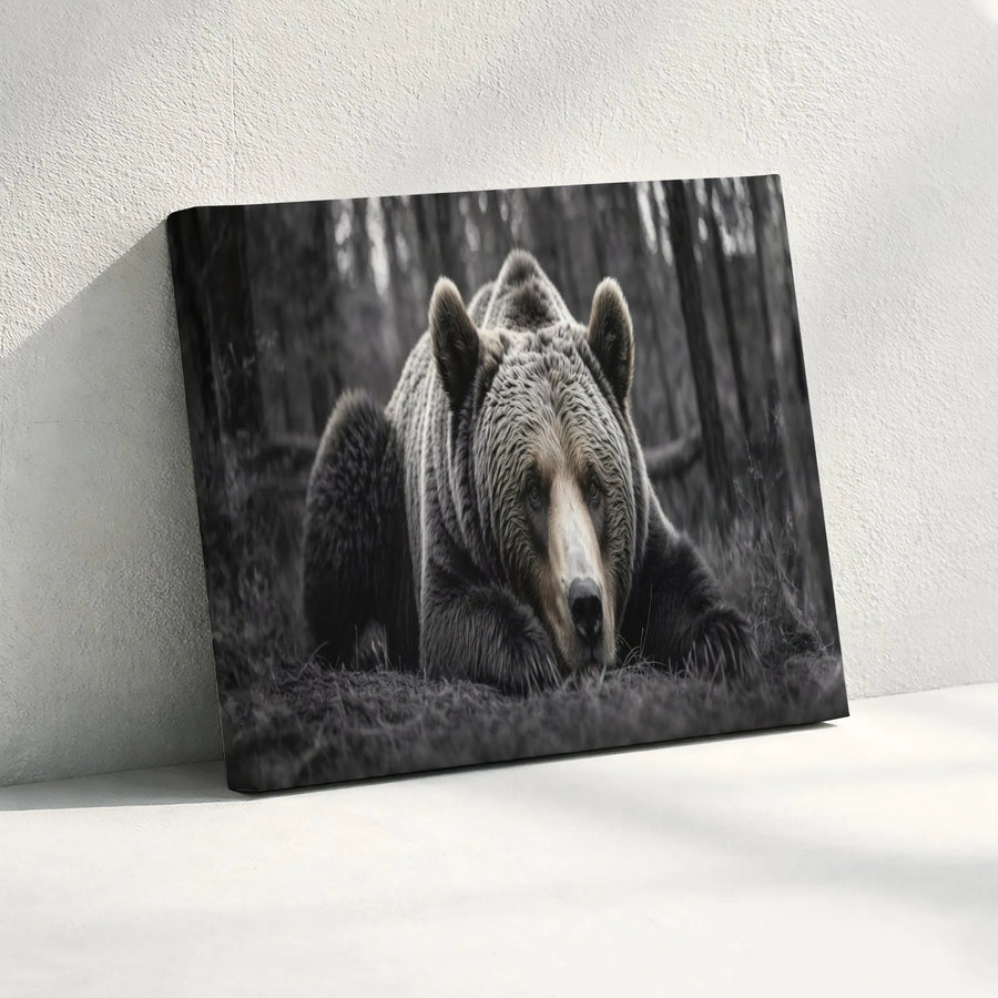 Grizzly Bear Canvas Wall Art | Monochrome Wildlife Photography | Premium Gallery Wrapped Canvas | Rustic Cabin Decor Gift for Nature Lovers