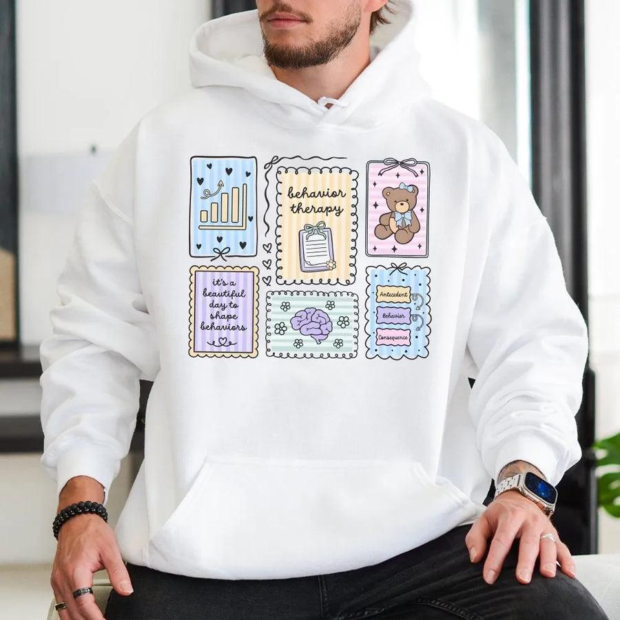 Behavior Analyst Hoodie | ABA Therapy Tools Collage Design | Soft Cotton Blend Sweatshirt | Gift for BCBA or Sped Teacher