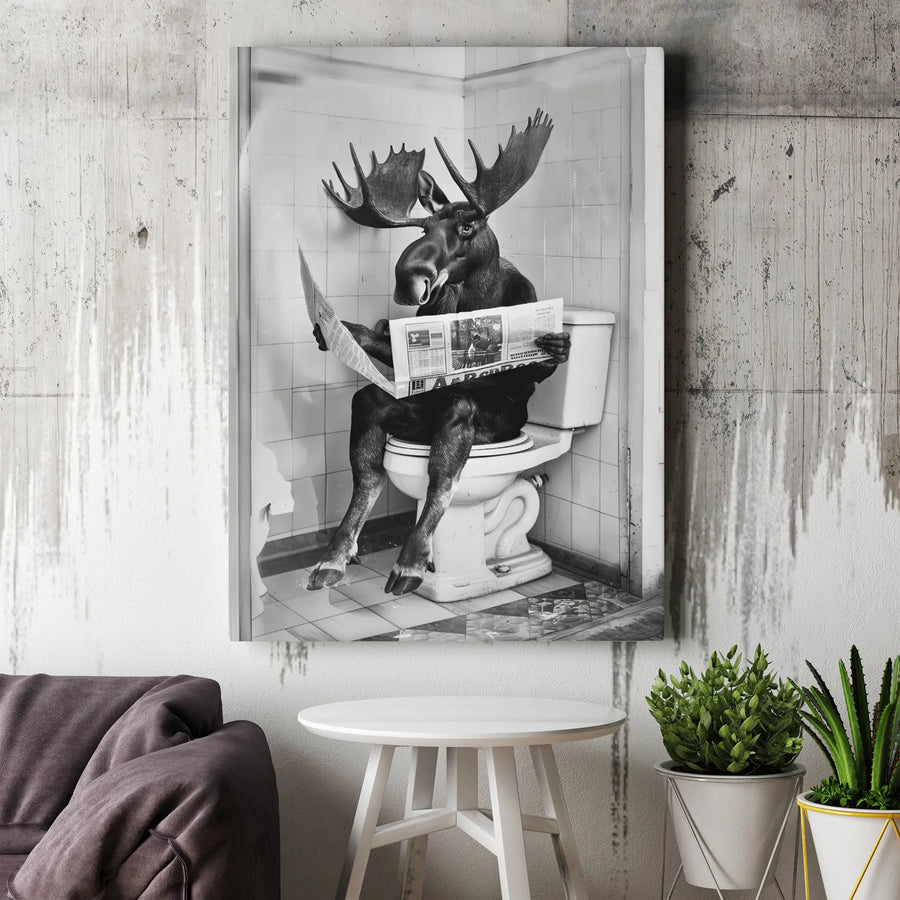 Moose Sitting On Toilet Canvas Print | Funny Bathroom Wall Art | Premium Gallery Wrap Decor | Quirky Gift for Animal Lovers