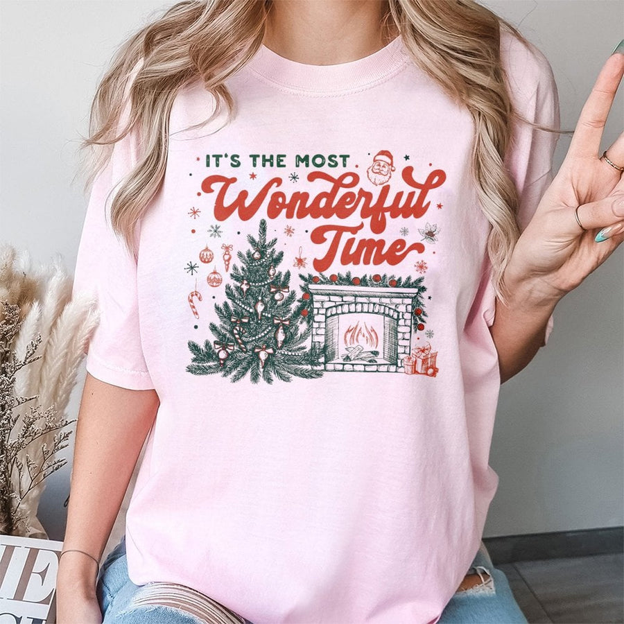 It's The Most Wonderful Time T-Shirt | Vintage Christmas Tree & Fireplace Graphic | Premium 100% Cotton | Festive Holiday Apparel Gift