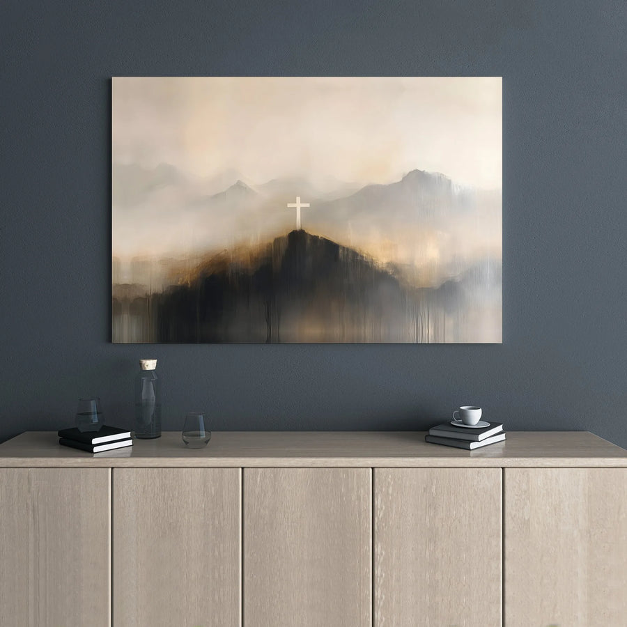 Christian Cross Canvas Wall Art | Misty Mountain Landscape Print | Premium 1.25" Gallery Wrap | Religious Home Decor Gift