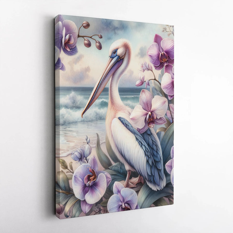 Pelican Wall Art | Watercolor Coastal Beach Scene with Purple Orchids | Premium Gallery Wrap Canvas | Tropical Bird Decor for Home or Office Gift