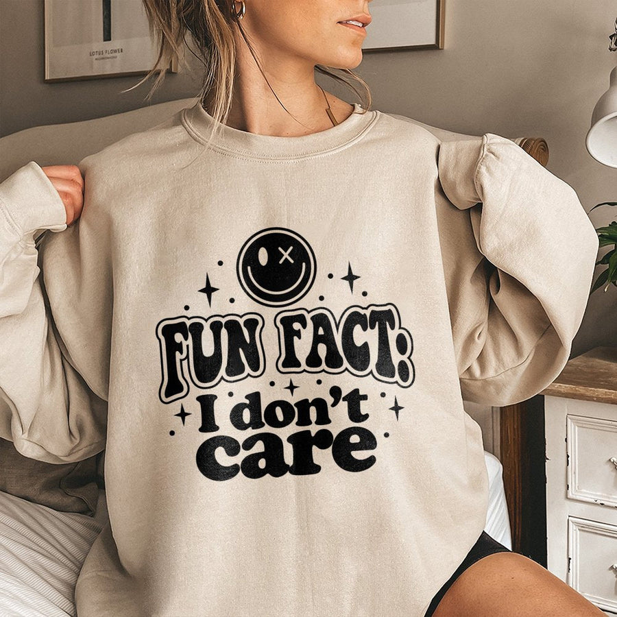 Fun Fact I Don't Care Sweatshirt | Sarcastic Smiley Face Graphic | Premium Cotton Blend | Funny Trendy Gift for Her or Him