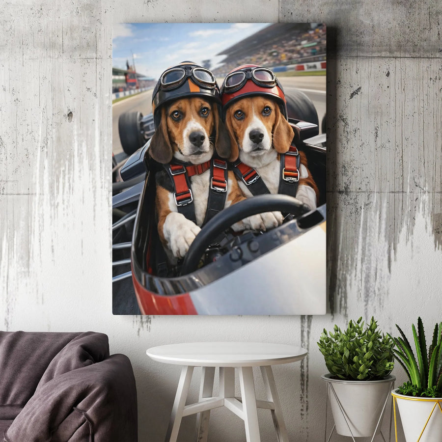 Funny Beagle Dogs Racing Vertical Canvas | Cute Puppies in Helmets & Goggles Racetrack Art | Premium 1.25" Gallery Wrap Fade-Resistant Wall Art | Cool Gift for Dog Lovers & Racing Fans