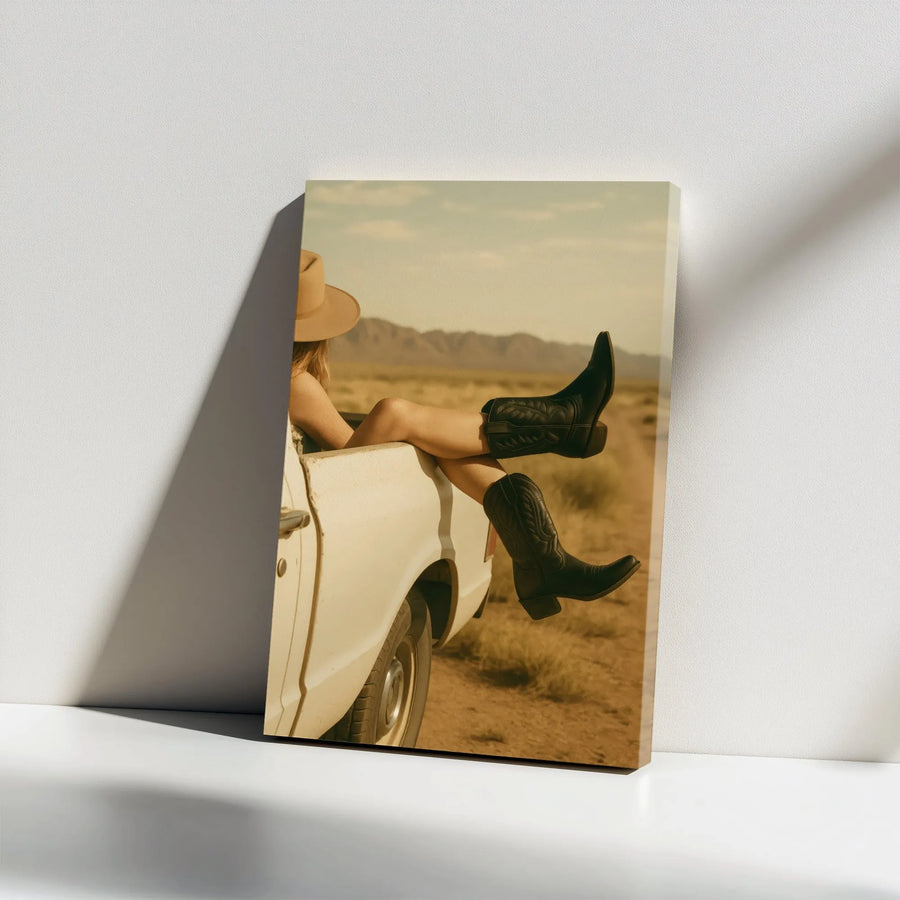 Cowgirl Canvas Wall Art | Vintage Western Truck and Boots Design | Premium 1.25 inch Gallery Wrap | Country Home Decor Gift