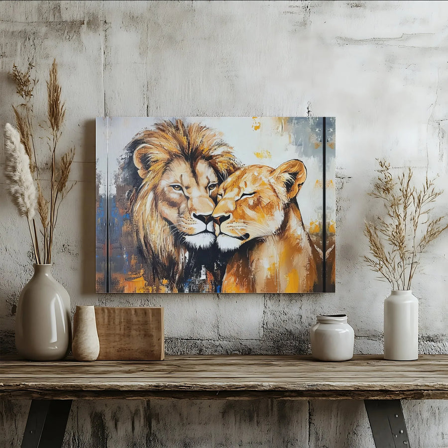 Lion And Lioness Couple Canvas | Abstract Wildlife Portrait | Premium 1.25 Inch Gallery Wrap | Romantic Home Decor Gift For Couples