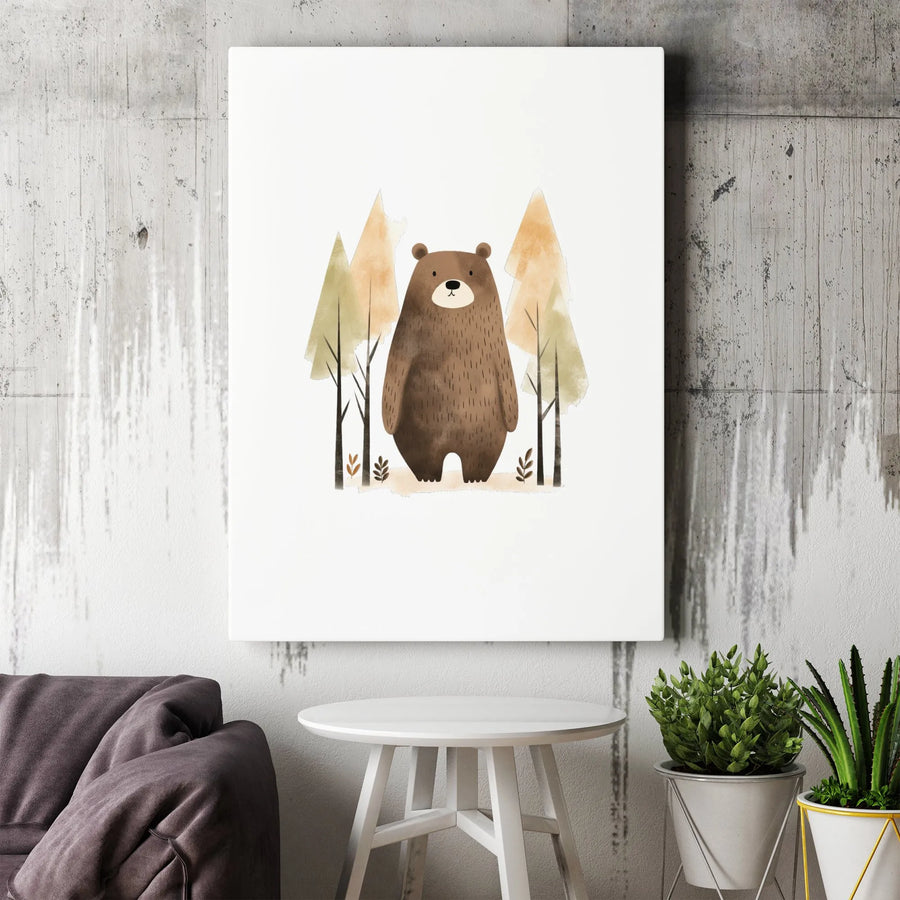 Brown Bear Canvas Print | Watercolor Forest Nursery Wall Art | Premium Gallery Wrapped Decor | Woodland Animal Theme Gift for Kids