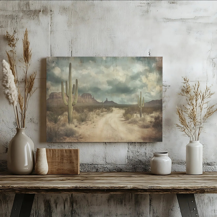 Southwest Desert Landscape Canvas Print | Saguaro Cactus Dirt Road Art | Premium Fade-Resistant Gallery Wrap | Southwestern Home Decor Wall Art