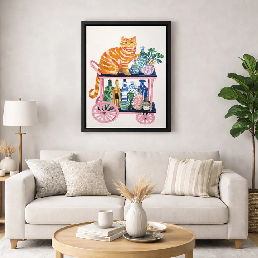 Orange Tabby Cat Wall Art | Whimsical Bar Cart Illustration | Premium Gallery Wrapped Canvas | Colorful Kitchen & Home Decor Gift