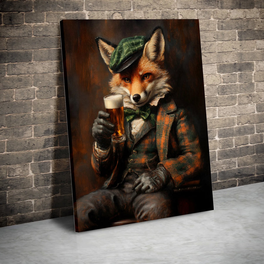 Gentleman Fox Drinking Beer Canvas Wall Art | Anthropomorphic Animal Portrait | Premium Gallery Wrap Print | Whimsical Bar Decor Gift