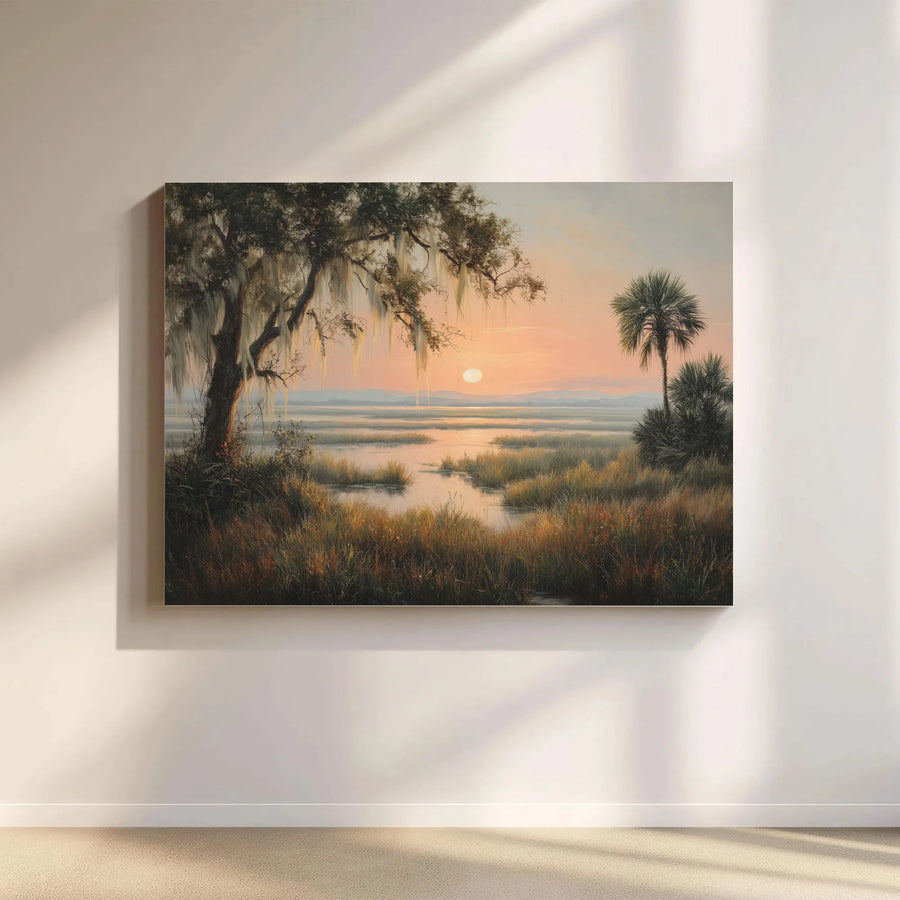 Southern Marsh Sunset Canvas Print | Coastal Oak Tree & Spanish Moss Wall Art | 1.25” Gallery Wrap | Premium Decor for Nature Lovers