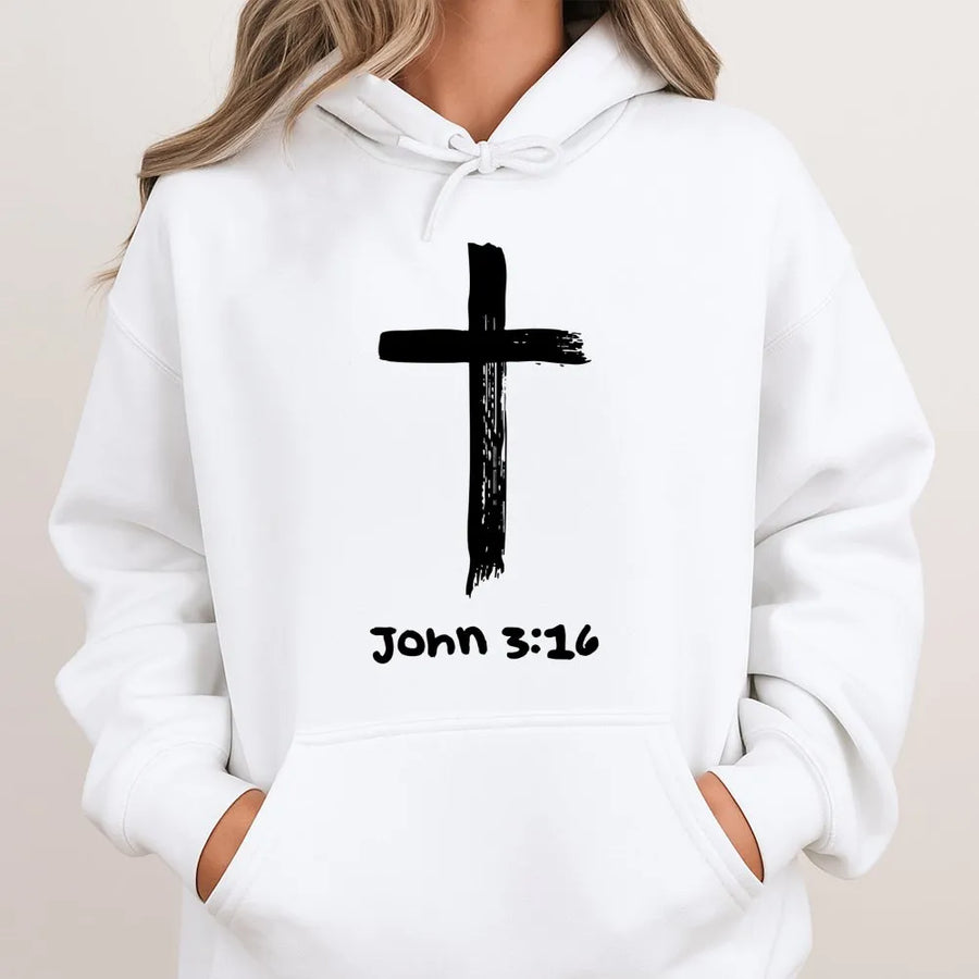 Christian Hoodie | John 3:16 Cross Bible Verse Graphic | Premium Cotton Blend Faith Apparel | Religious Gift for Men and Women